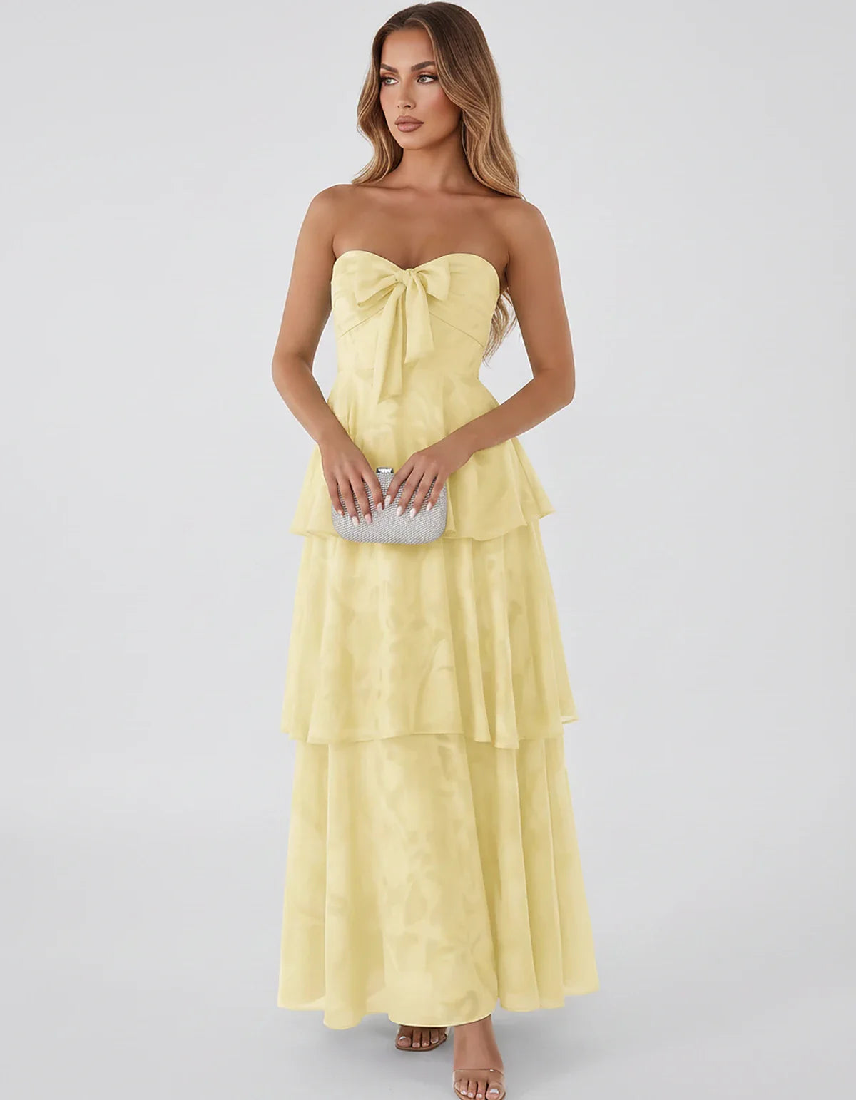 Jacquard Chiffon Sleeveless Sweetheart A-Line Maxi Dress for Party, Cocktail, Evening, Wedding Guest, Prom & Summer Events, f | SKU: SM-874531962847105-YELLOW-L,SM-874531962847105-YELLOW-M,SM-874531962847105-YELLOW-S,SM-874531962847105-YELLOW-XL,SM-874531962847105-YELLOW-XS