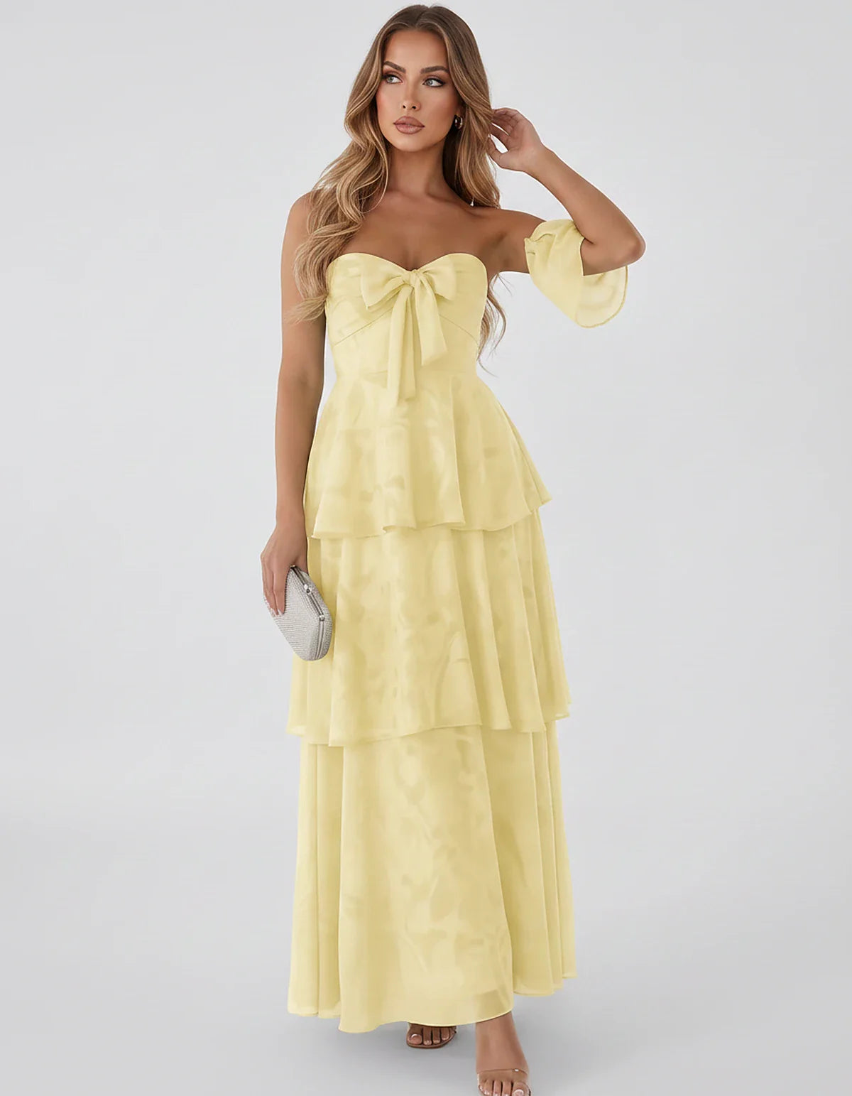 Jacquard Chiffon Sleeveless Sweetheart A-Line Maxi Dress for Party, Cocktail, Evening, Wedding Guest, Prom & Summer Events, f | SKU: SM-874531962847105-YELLOW-L,SM-874531962847105-YELLOW-M,SM-874531962847105-YELLOW-S,SM-874531962847105-YELLOW-XL,SM-874531962847105-YELLOW-XS