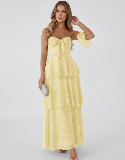 Jacquard Chiffon Sleeveless Sweetheart A-Line Maxi Dress for Party, Cocktail, Evening, Wedding Guest, Prom & Summer Events, f | SKU: SM-874531962847105-YELLOW-L,SM-874531962847105-YELLOW-M,SM-874531962847105-YELLOW-S,SM-874531962847105-YELLOW-XL,SM-874531962847105-YELLOW-XS