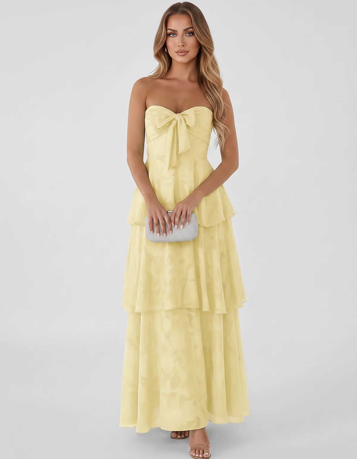 Jacquard Chiffon Sleeveless Sweetheart A-Line Maxi Dress for Party, Cocktail, Evening, Wedding Guest, Prom & Summer Events, f | SKU: SM-874531962847105-YELLOW-L,SM-874531962847105-YELLOW-M,SM-874531962847105-YELLOW-S,SM-874531962847105-YELLOW-XL,SM-874531962847105-YELLOW-XS