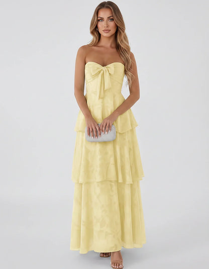 Jacquard Chiffon Sleeveless Sweetheart A-Line Maxi Dress for Party, Cocktail, Evening, Wedding Guest, Prom & Summer Events, f | SKU: SM-874531962847105-YELLOW-L,SM-874531962847105-YELLOW-M,SM-874531962847105-YELLOW-S,SM-874531962847105-YELLOW-XL,SM-874531962847105-YELLOW-XS