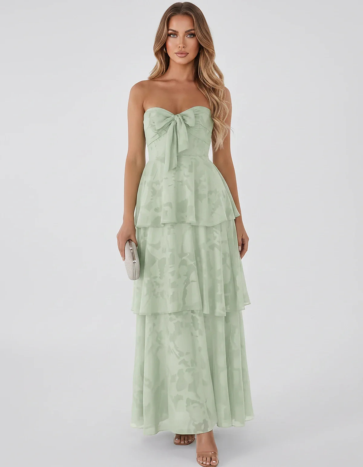 Jacquard Chiffon Sleeveless Sweetheart A-Line Maxi Dress for Party, Cocktail, Evening, Wedding Guest, Prom & Summer Events, f | SKU: SM-874531962847105-SAGE-L,SM-874531962847105-SAGE-M,SM-874531962847105-SAGE-S,SM-874531962847105-SAGE-XL,SM-874531962847105-SAGE-XS