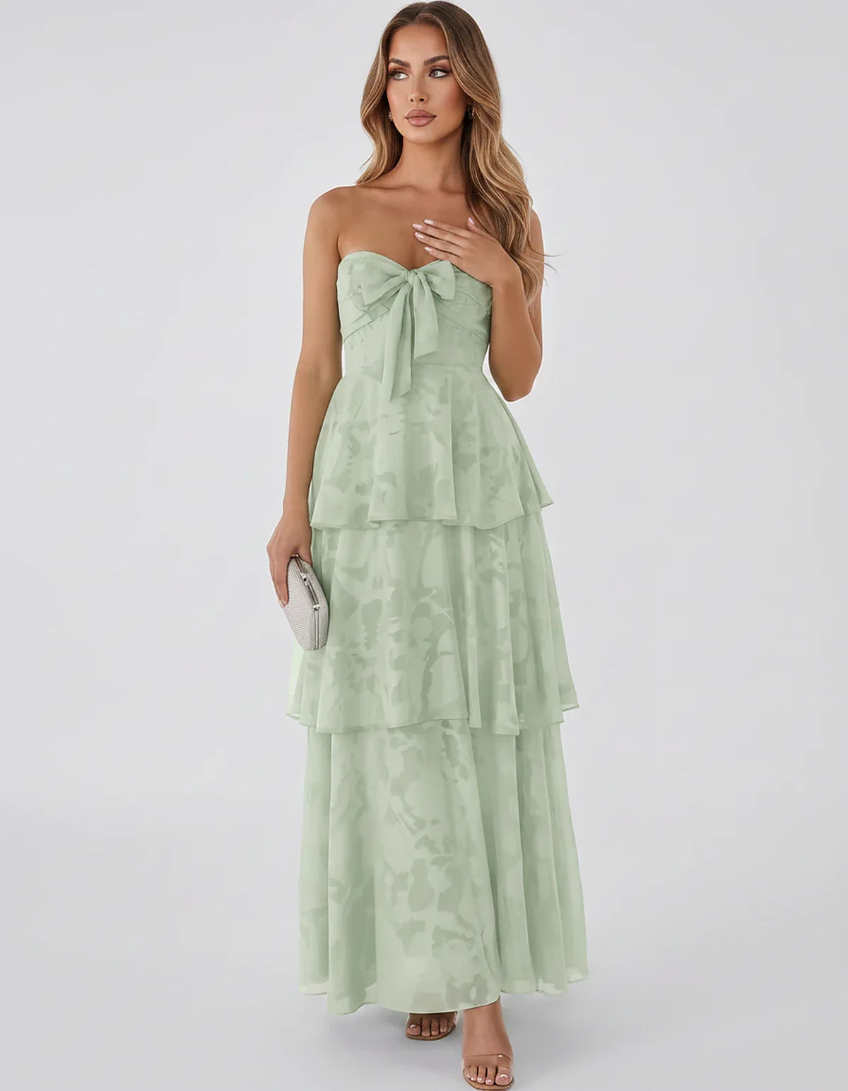 Jacquard Chiffon Sleeveless Sweetheart A-Line Maxi Dress for Party, Cocktail, Evening, Wedding Guest, Prom & Summer Events, f | SKU: SM-874531962847105-SAGE-L,SM-874531962847105-SAGE-M,SM-874531962847105-SAGE-S,SM-874531962847105-SAGE-XL,SM-874531962847105-SAGE-XS