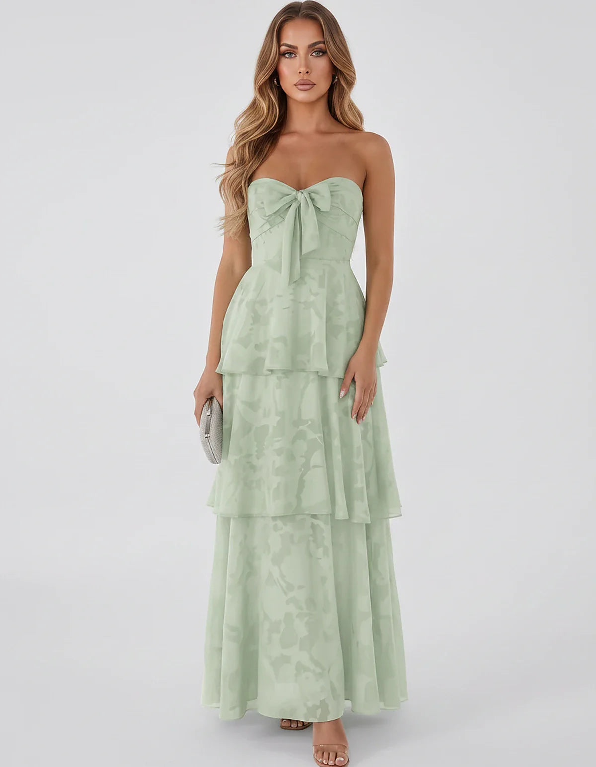 Jacquard Chiffon Sleeveless Sweetheart A-Line Maxi Dress for Party, Cocktail, Evening, Wedding Guest, Prom & Summer Events, f | SKU: SM-874531962847105-SAGE-L,SM-874531962847105-SAGE-M,SM-874531962847105-SAGE-S,SM-874531962847105-SAGE-XL,SM-874531962847105-SAGE-XS
