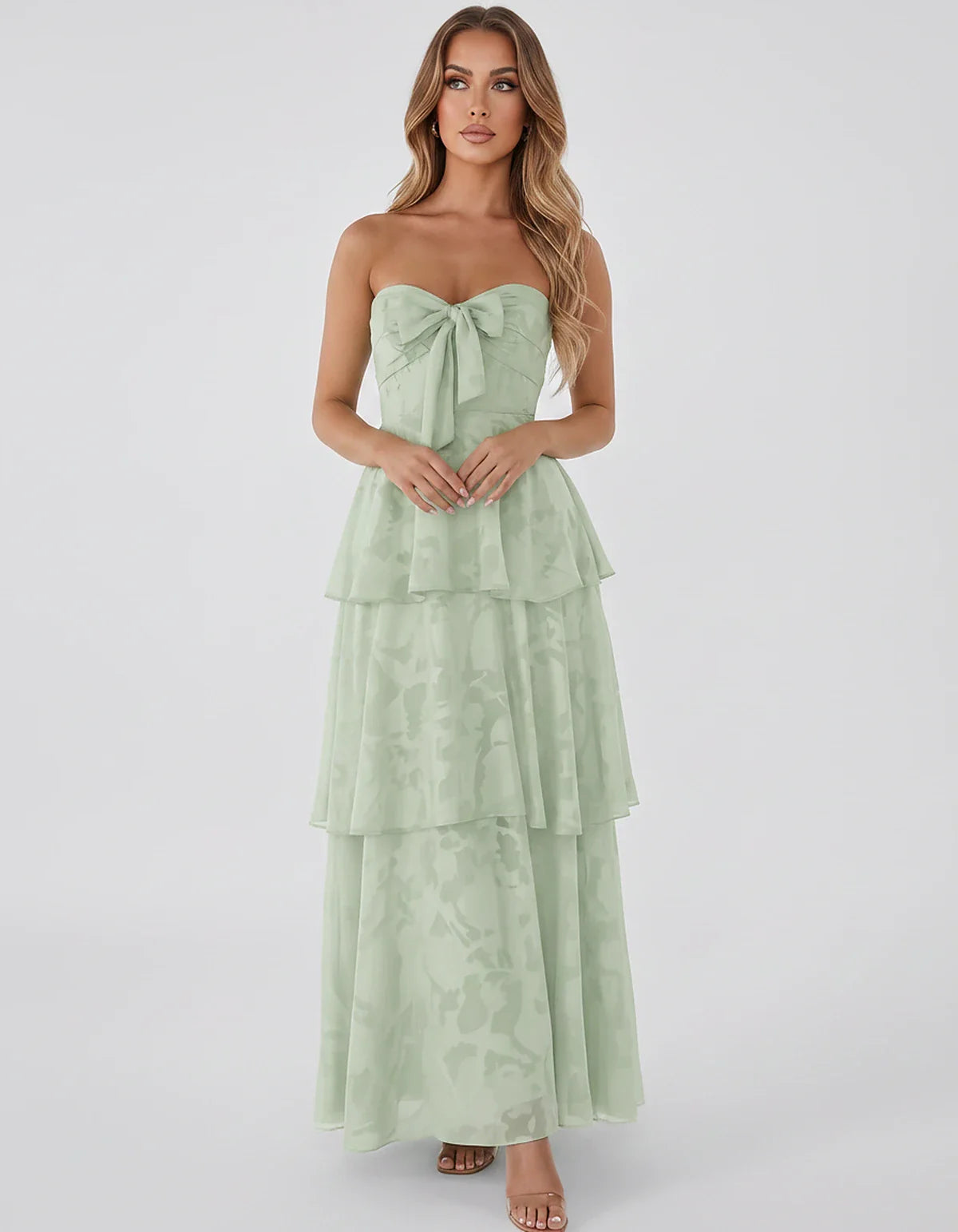 Jacquard Chiffon Sleeveless Sweetheart A-Line Maxi Dress for Party, Cocktail, Evening, Wedding Guest, Prom & Summer Events, f | SKU: SM-874531962847105-SAGE-L,SM-874531962847105-SAGE-M,SM-874531962847105-SAGE-S,SM-874531962847105-SAGE-XL,SM-874531962847105-SAGE-XS