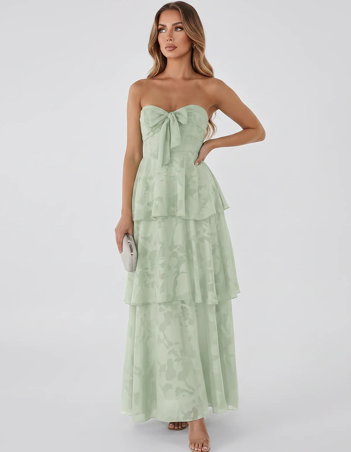 Jacquard Chiffon Sleeveless Sweetheart A-Line Maxi Dress for Party, Cocktail, Evening, Wedding Guest, Prom & Summer Events, f | SKU: SM-874531962847105-SAGE-L,SM-874531962847105-SAGE-M,SM-874531962847105-SAGE-S,SM-874531962847105-SAGE-XL,SM-874531962847105-SAGE-XS