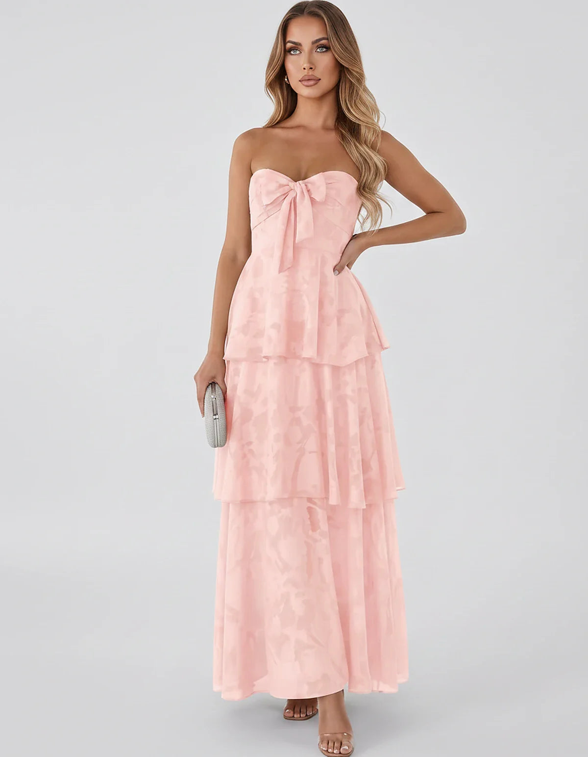 Jacquard Chiffon Sleeveless Sweetheart A-Line Maxi Dress for Party, Cocktail, Evening, Wedding Guest, Prom & Summer Events, f | SKU: SM-874531962847105-PINK-L,SM-874531962847105-PINK-M,SM-874531962847105-PINK-S,SM-874531962847105-PINK-XL,SM-874531962847105-PINK-XS