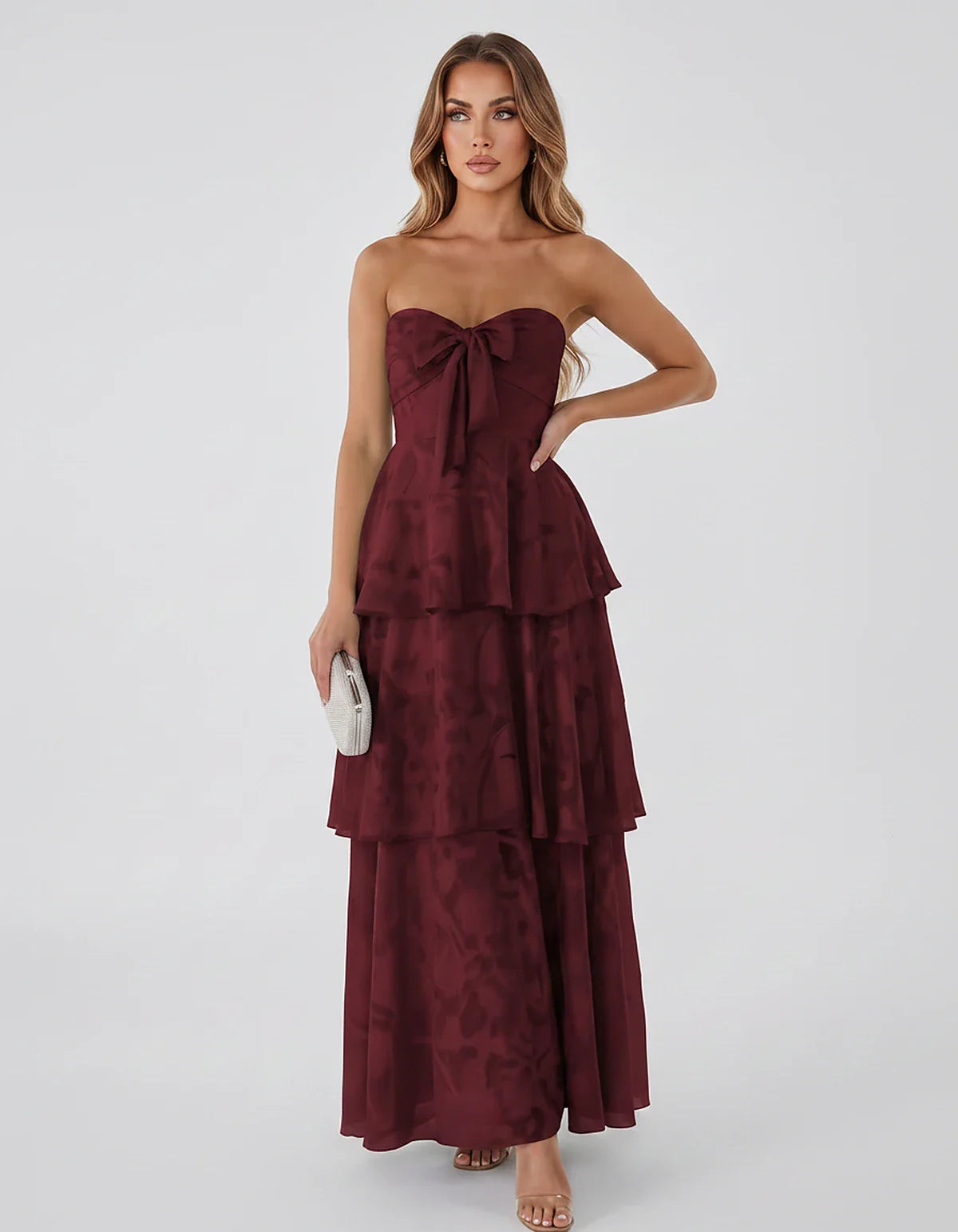 Jacquard Chiffon Sleeveless Sweetheart A-Line Maxi Dress for Party, Cocktail, Evening, Wedding Guest, Prom & Summer Events, f | SKU: SM-874531962847105-BURGUNDY-L,SM-874531962847105-BURGUNDY-M,SM-874531962847105-BURGUNDY-S,SM-874531962847105-BURGUNDY-XL,SM-874531962847105-BURGUNDY-XS