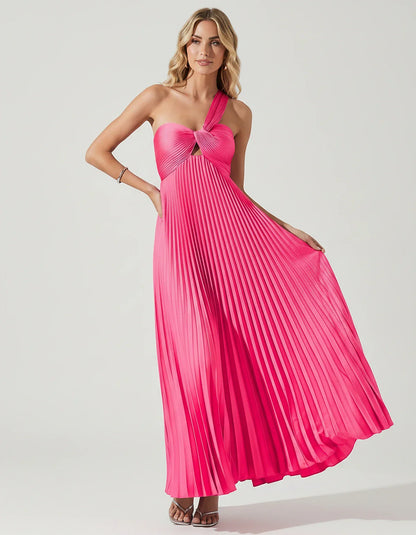 Satin Sleeveless One-Shoulder A-Line Maxi Dress for Party, Cocktail, Evening, Wedding Guest, Bridesmaid & Summer Events, fron | SKU: SMD-583920174618527-HOTPINK-L,SMD-583920174618527-HOTPINK-M,SMD-583920174618527-HOTPINK-S,SMD-583920174618527-HOTPINK-XL,SMD-583920174618527-HOTPINK-XS