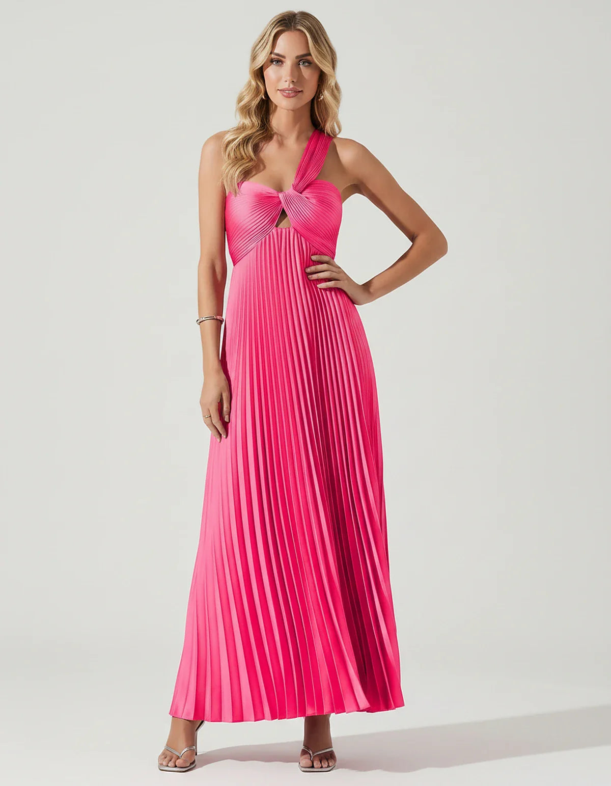 Satin Sleeveless One-Shoulder A-Line Maxi Dress for Party, Cocktail, Evening, Wedding Guest, Bridesmaid & Summer Events, fron | SKU: SMD-583920174618527-HOTPINK-L,SMD-583920174618527-HOTPINK-M,SMD-583920174618527-HOTPINK-S,SMD-583920174618527-HOTPINK-XL,SMD-583920174618527-HOTPINK-XS