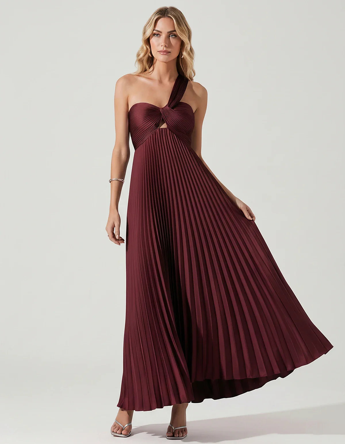 Satin Sleeveless One-Shoulder A-Line Maxi Dress for Party, Cocktail, Evening, Wedding Guest, Bridesmaid & Summer Events, fron | SKU: SMD-583920174618527-BURGUNDY-L,SMD-583920174618527-BURGUNDY-M,SMD-583920174618527-BURGUNDY-S,SMD-583920174618527-BURGUNDY-XL,SMD-583920174618527-BURGUNDY-XS