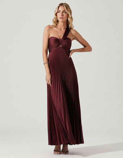Satin Sleeveless One-Shoulder A-Line Maxi Dress for Party, Cocktail, Evening, Wedding Guest, Bridesmaid & Summer Events, fron | SKU: SMD-583920174618527-BURGUNDY-L,SMD-583920174618527-BURGUNDY-M,SMD-583920174618527-BURGUNDY-S,SMD-583920174618527-BURGUNDY-XL,SMD-583920174618527-BURGUNDY-XS