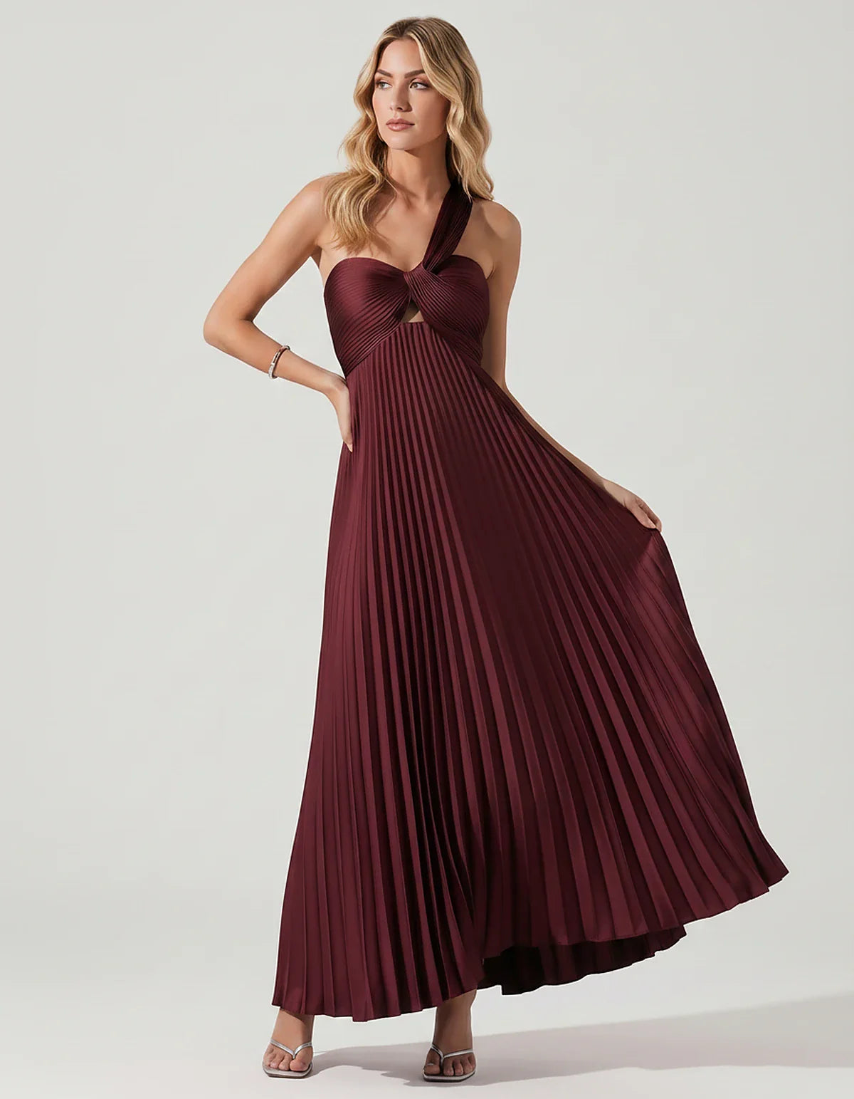 Satin Sleeveless One-Shoulder A-Line Maxi Dress for Party, Cocktail, Evening, Wedding Guest, Bridesmaid & Summer Events, fron | SKU: SMD-583920174618527-BURGUNDY-L,SMD-583920174618527-BURGUNDY-M,SMD-583920174618527-BURGUNDY-S,SMD-583920174618527-BURGUNDY-XL,SMD-583920174618527-BURGUNDY-XS