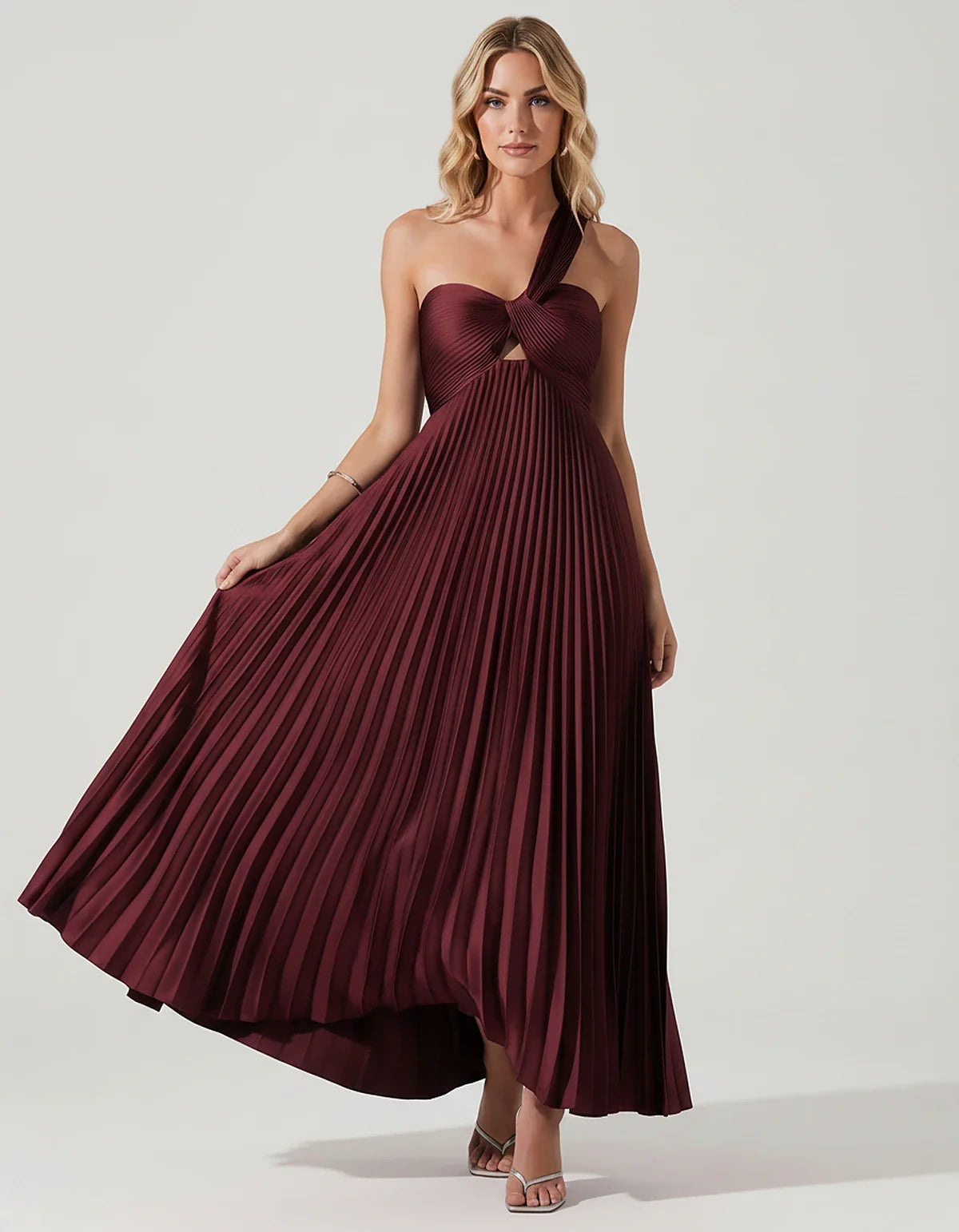 Satin Sleeveless One-Shoulder A-Line Maxi Dress for Party, Cocktail, Evening, Wedding Guest, Bridesmaid & Summer Events, fron | SKU: SMD-583920174618527-BURGUNDY-L,SMD-583920174618527-BURGUNDY-M,SMD-583920174618527-BURGUNDY-S,SMD-583920174618527-BURGUNDY-XL,SMD-583920174618527-BURGUNDY-XS