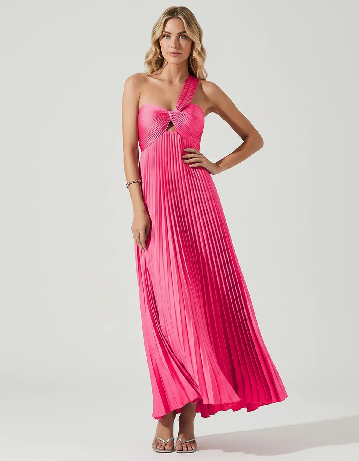 Satin Sleeveless One-Shoulder A-Line Maxi Dress for Party, Cocktail, Evening, Wedding Guest, Bridesmaid & Summer Events, fron | SKU: SMD-583920174618527-HOTPINK-L,SMD-583920174618527-HOTPINK-M,SMD-583920174618527-HOTPINK-S,SMD-583920174618527-HOTPINK-XL,SMD-583920174618527-HOTPINK-XS