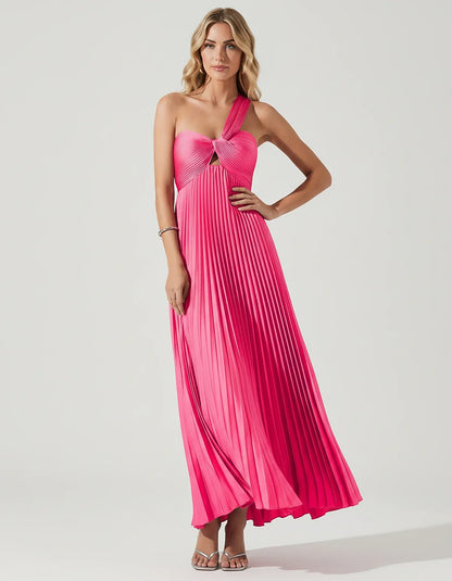 Satin Sleeveless One-Shoulder A-Line Maxi Dress for Party, Cocktail, Evening, Wedding Guest, Bridesmaid & Summer Events, fron | SKU: SMD-583920174618527-HOTPINK-L,SMD-583920174618527-HOTPINK-M,SMD-583920174618527-HOTPINK-S,SMD-583920174618527-HOTPINK-XL,SMD-583920174618527-HOTPINK-XS