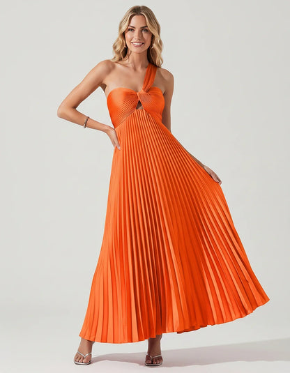 Satin Sleeveless One-Shoulder A-Line Maxi Dress for Party, Cocktail, Evening, Wedding Guest, Bridesmaid & Summer Events, fron | SKU: SMD-583920174618527-ORANGE-L,SMD-583920174618527-ORANGE-M,SMD-583920174618527-ORANGE-S,SMD-583920174618527-ORANGE-XL,SMD-583920174618527-ORANGE-XS
