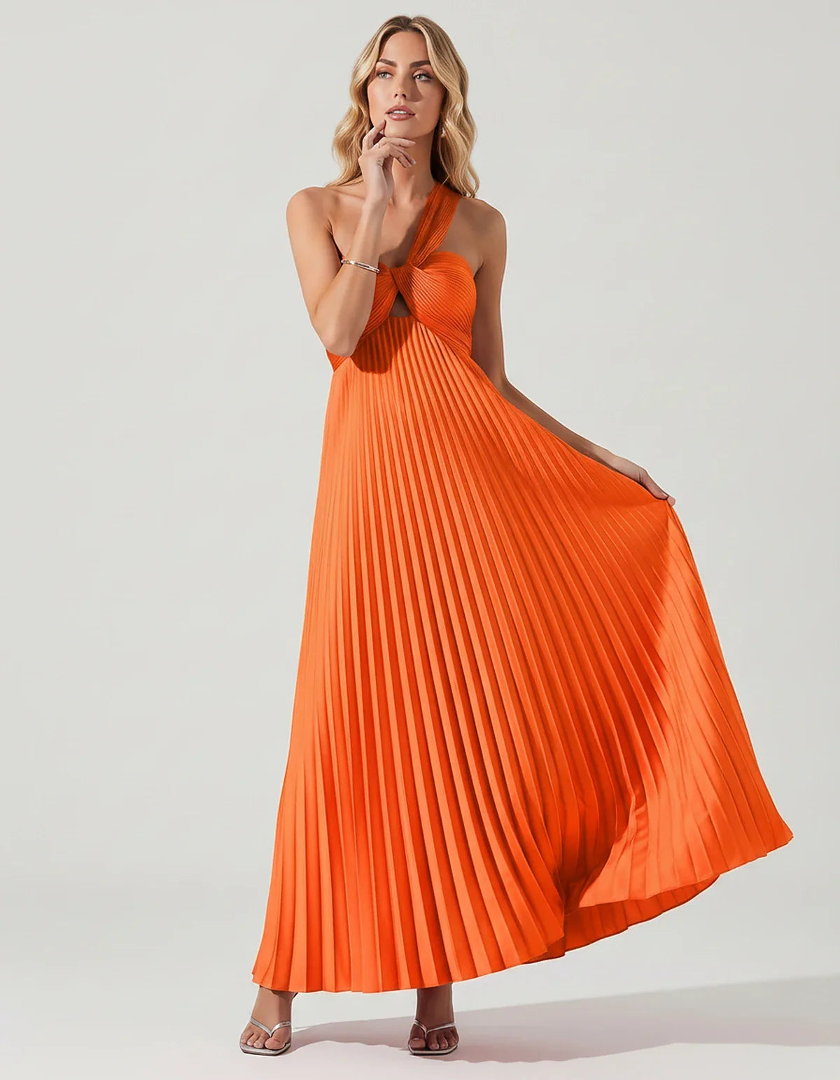 Satin Sleeveless One-Shoulder A-Line Maxi Dress for Party, Cocktail, Evening, Wedding Guest, Bridesmaid & Summer Events, fron | SKU: SMD-583920174618527-ORANGE-L,SMD-583920174618527-ORANGE-M,SMD-583920174618527-ORANGE-S,SMD-583920174618527-ORANGE-XL,SMD-583920174618527-ORANGE-XS