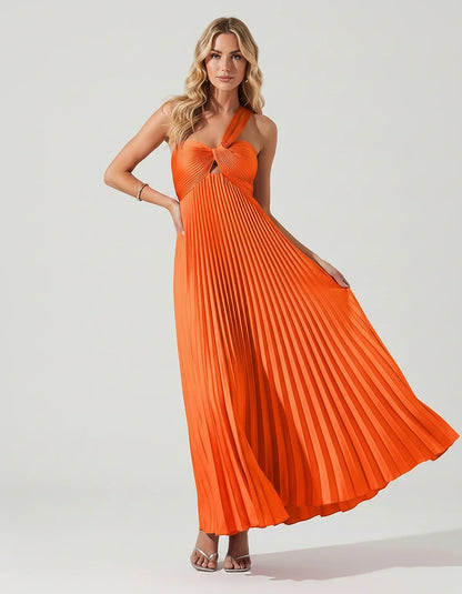 Satin Sleeveless One-Shoulder A-Line Maxi Dress for Party, Cocktail, Evening, Wedding Guest, Bridesmaid & Summer Events, fron | SKU: SMD-583920174618527-ORANGE-L,SMD-583920174618527-ORANGE-M,SMD-583920174618527-ORANGE-S,SMD-583920174618527-ORANGE-XL,SMD-583920174618527-ORANGE-XS