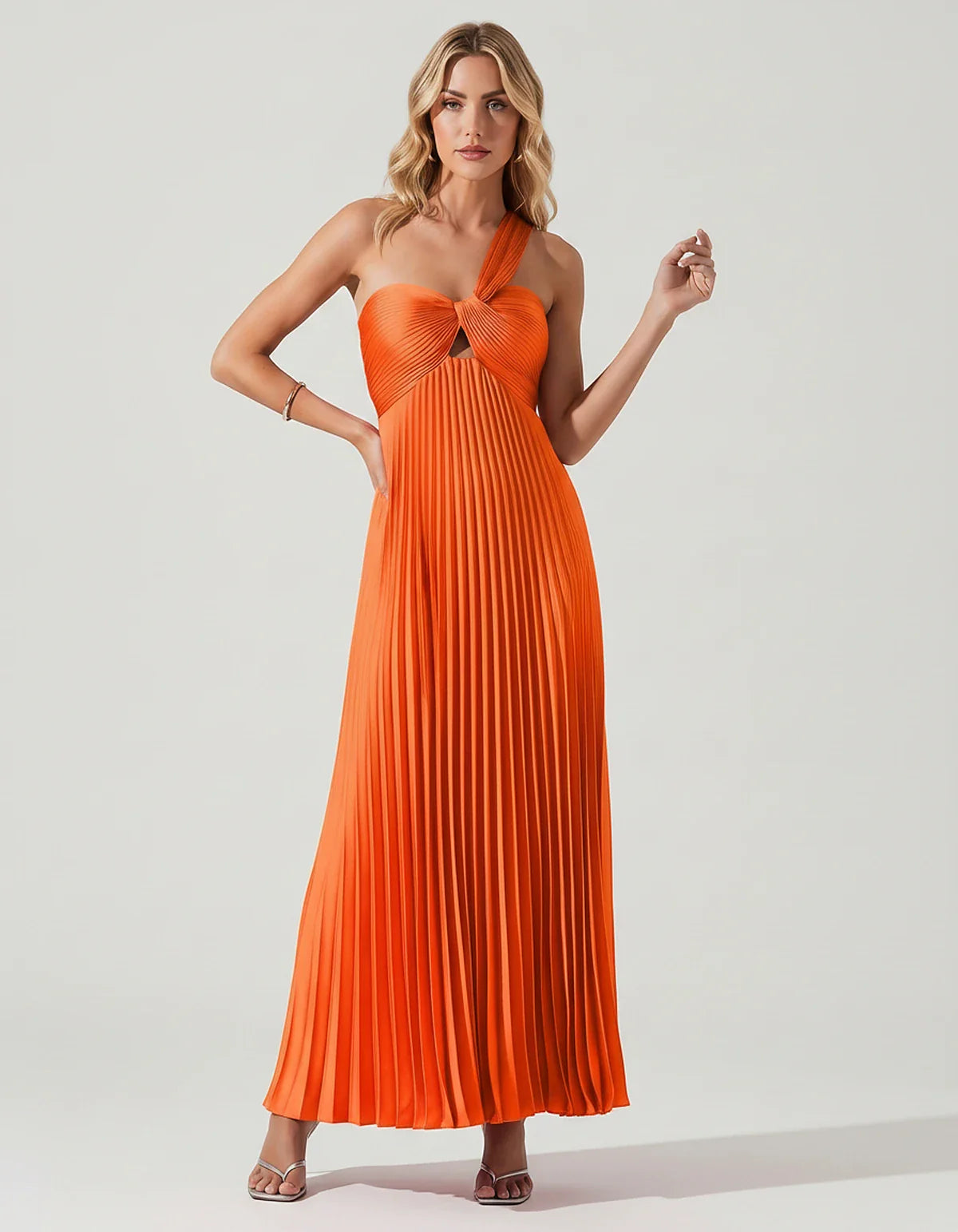 Satin Sleeveless One-Shoulder A-Line Maxi Dress for Party, Cocktail, Evening, Wedding Guest, Bridesmaid & Summer Events, fron | SKU: SMD-583920174618527-ORANGE-L,SMD-583920174618527-ORANGE-M,SMD-583920174618527-ORANGE-S,SMD-583920174618527-ORANGE-XL,SMD-583920174618527-ORANGE-XS