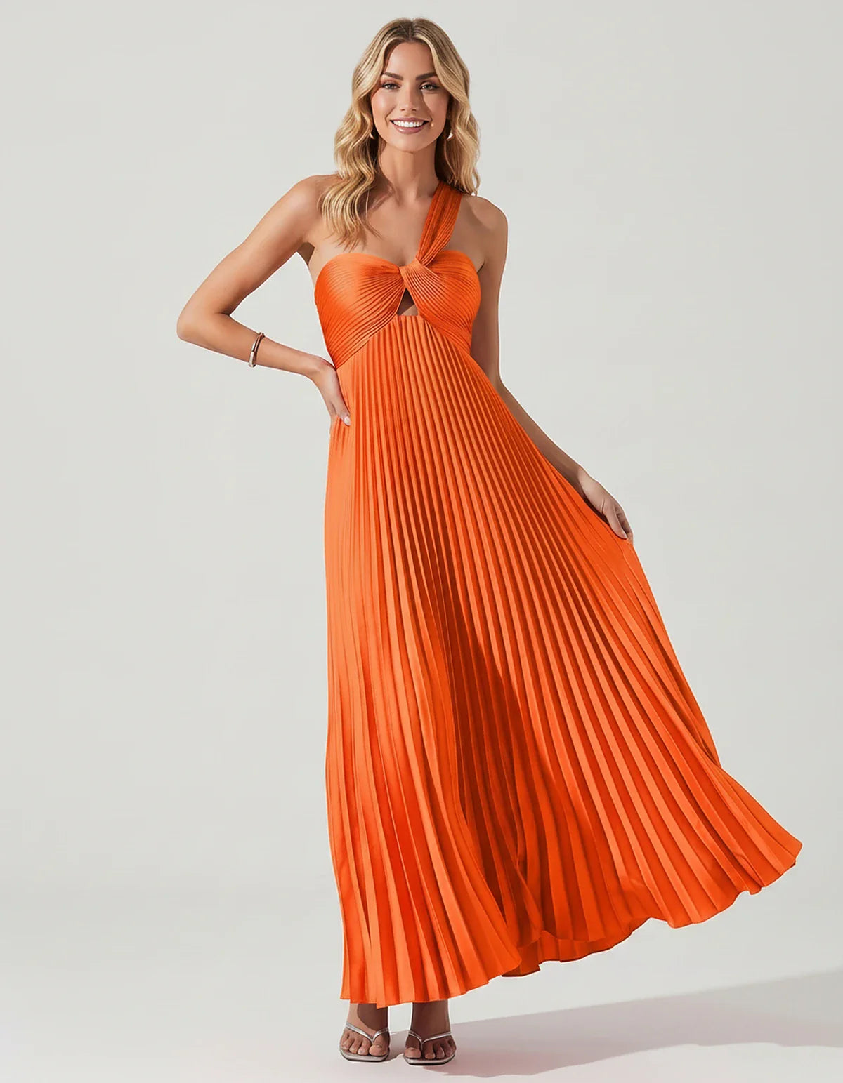 Satin Sleeveless One-Shoulder A-Line Maxi Dress for Party, Cocktail, Evening, Wedding Guest, Bridesmaid & Summer Events, fron | SKU: SMD-583920174618527-ORANGE-L,SMD-583920174618527-ORANGE-M,SMD-583920174618527-ORANGE-S,SMD-583920174618527-ORANGE-XL,SMD-583920174618527-ORANGE-XS