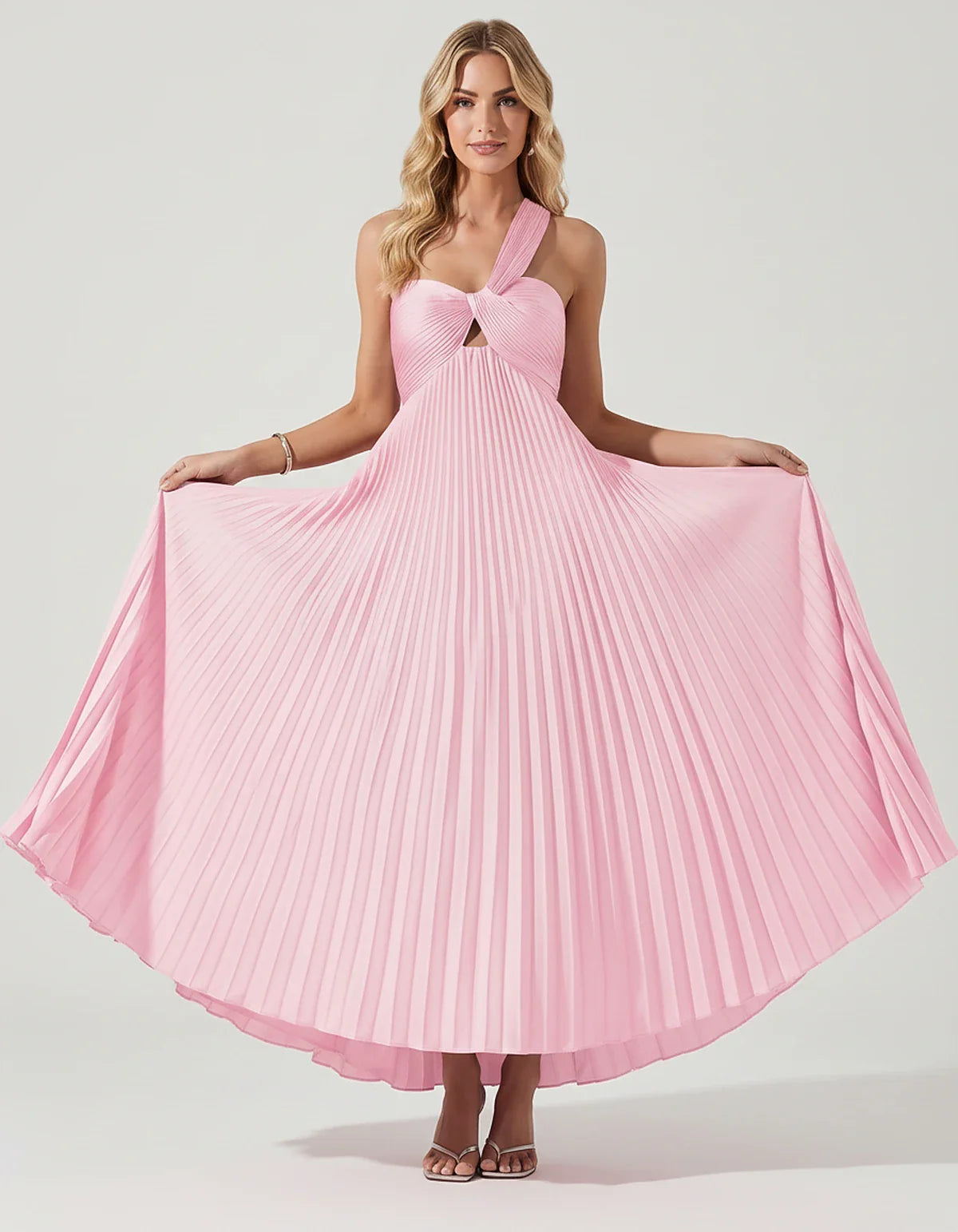 Satin Sleeveless One-Shoulder A-Line Maxi Dress for Party, Cocktail, Evening, Wedding Guest, Bridesmaid & Summer Events, fron | SKU: SMD-583920174618527-PINK-L,SMD-583920174618527-PINK-M,SMD-583920174618527-PINK-S,SMD-583920174618527-PINK-XL,SMD-583920174618527-PINK-XS