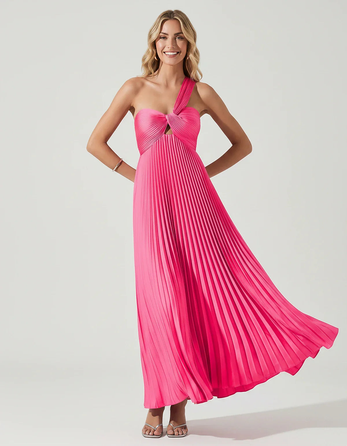 Satin Sleeveless One-Shoulder A-Line Maxi Dress for Party, Cocktail, Evening, Wedding Guest, Bridesmaid & Summer Events, fron | SKU: SMD-583920174618527-HOTPINK-L,SMD-583920174618527-HOTPINK-M,SMD-583920174618527-HOTPINK-S,SMD-583920174618527-HOTPINK-XL,SMD-583920174618527-HOTPINK-XS