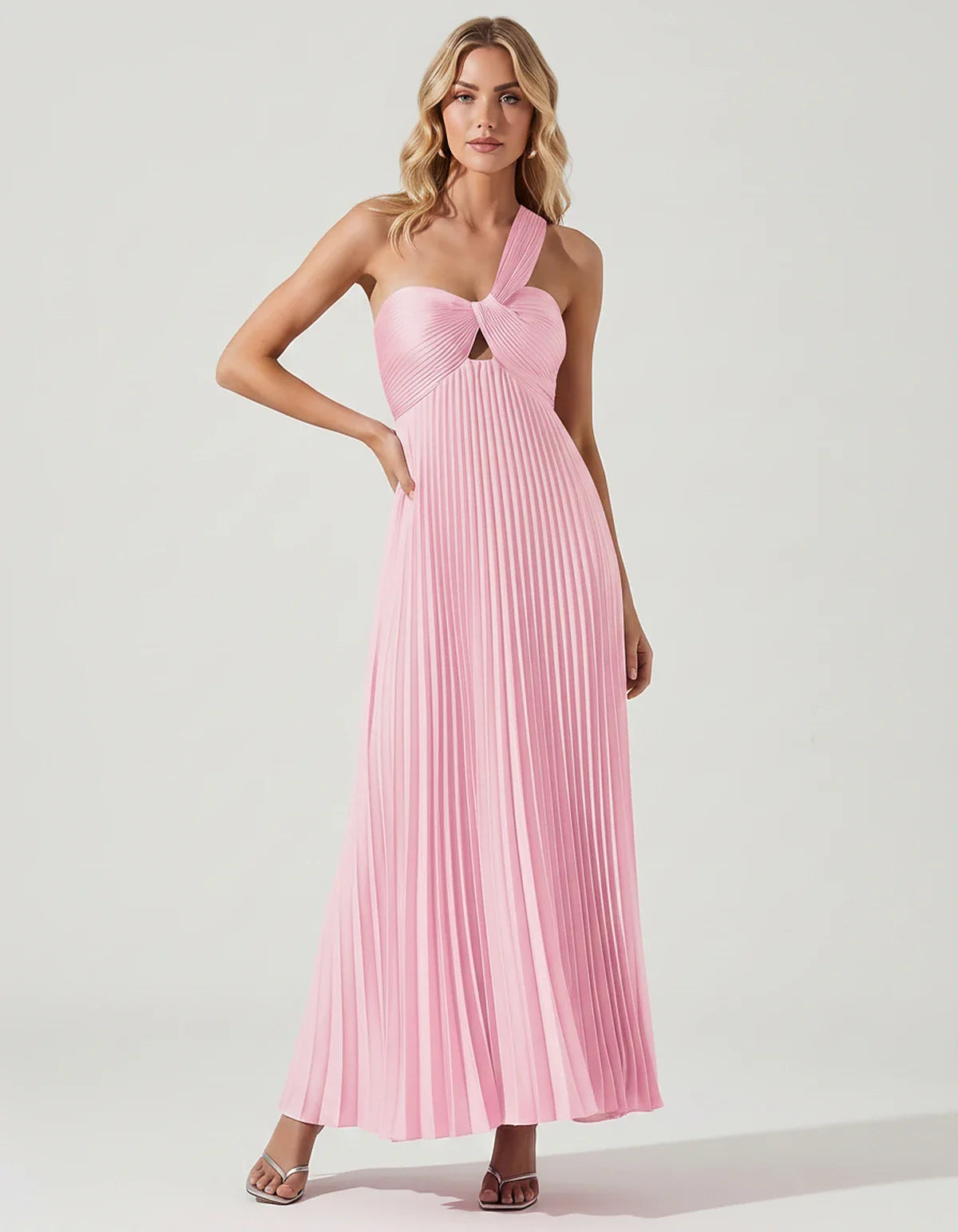 Satin Sleeveless One-Shoulder A-Line Maxi Dress for Party, Cocktail, Evening, Wedding Guest, Bridesmaid & Summer Events, fron | SKU: SMD-583920174618527-PINK-L,SMD-583920174618527-PINK-M,SMD-583920174618527-PINK-S,SMD-583920174618527-PINK-XL,SMD-583920174618527-PINK-XS