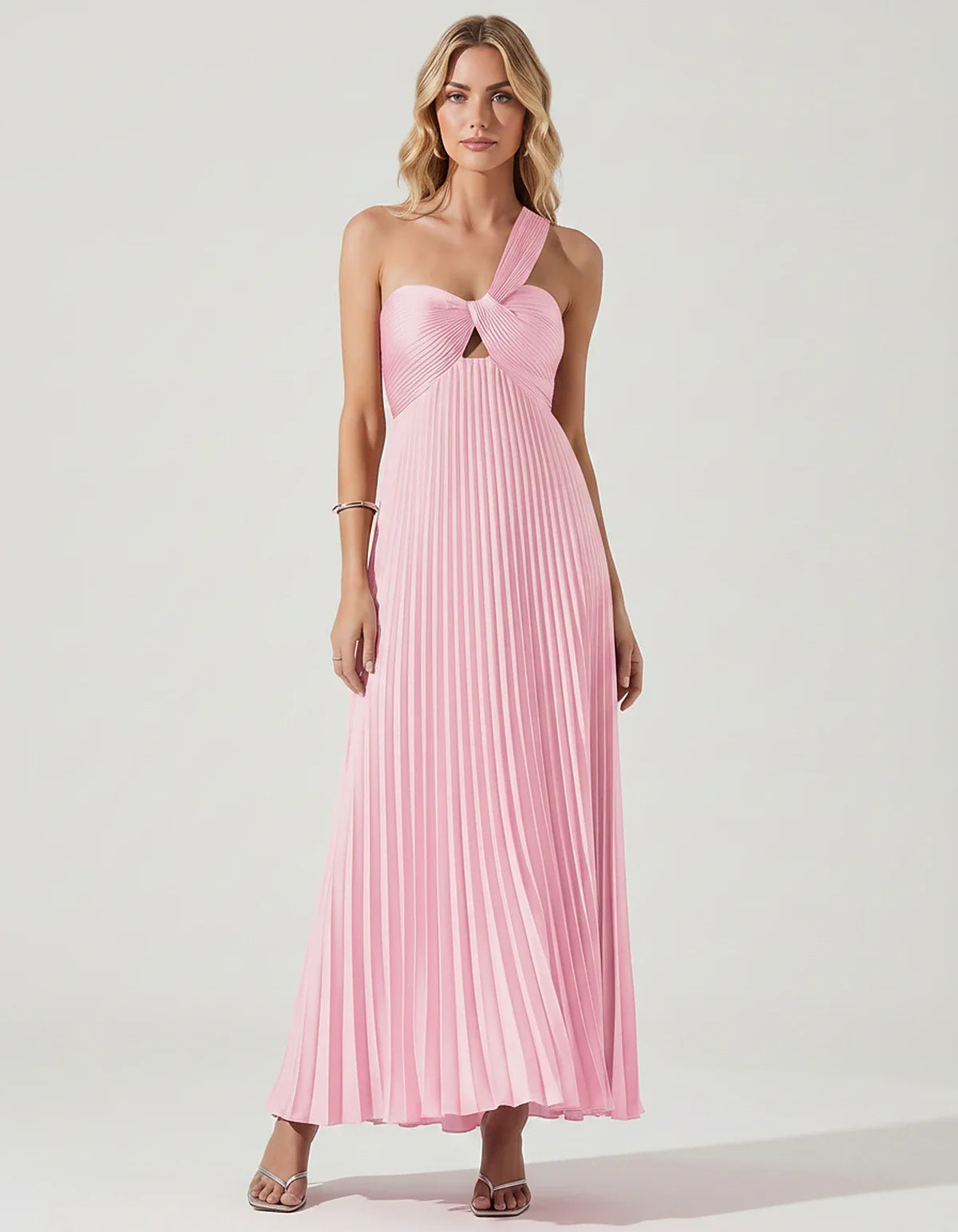 Satin Sleeveless One-Shoulder A-Line Maxi Dress for Party, Cocktail, Evening, Wedding Guest, Bridesmaid & Summer Events, fron | SKU: SMD-583920174618527-PINK-L,SMD-583920174618527-PINK-M,SMD-583920174618527-PINK-S,SMD-583920174618527-PINK-XL,SMD-583920174618527-PINK-XS