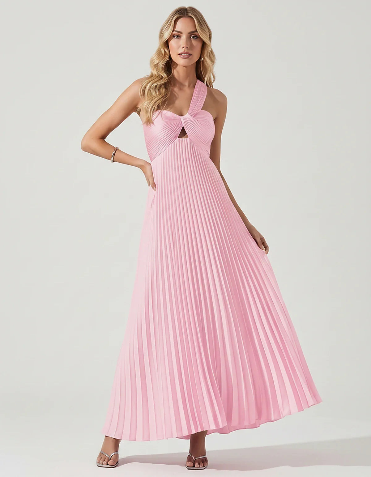 Satin Sleeveless One-Shoulder A-Line Maxi Dress for Party, Cocktail, Evening, Wedding Guest, Bridesmaid & Summer Events, fron | SKU: SMD-583920174618527-PINK-L,SMD-583920174618527-PINK-M,SMD-583920174618527-PINK-S,SMD-583920174618527-PINK-XL,SMD-583920174618527-PINK-XS