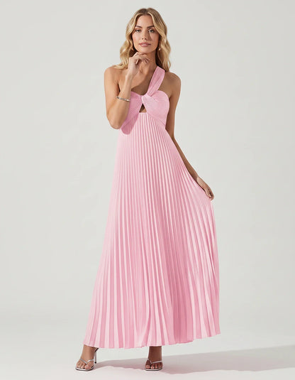 Satin Sleeveless One-Shoulder A-Line Maxi Dress for Party, Cocktail, Evening, Wedding Guest, Bridesmaid & Summer Events, fron | SKU: SMD-583920174618527-PINK-L,SMD-583920174618527-PINK-M,SMD-583920174618527-PINK-S,SMD-583920174618527-PINK-XL,SMD-583920174618527-PINK-XS