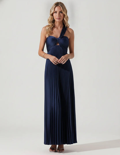 Satin Sleeveless One-Shoulder A-Line Maxi Dress for Party, Cocktail, Evening, Wedding Guest, Bridesmaid & Summer Events, fron | SKU: SMD-583920174618527-NAVY-L,SMD-583920174618527-NAVY-M,SMD-583920174618527-NAVY-S,SMD-583920174618527-NAVY-XL,SMD-583920174618527-NAVY-XS