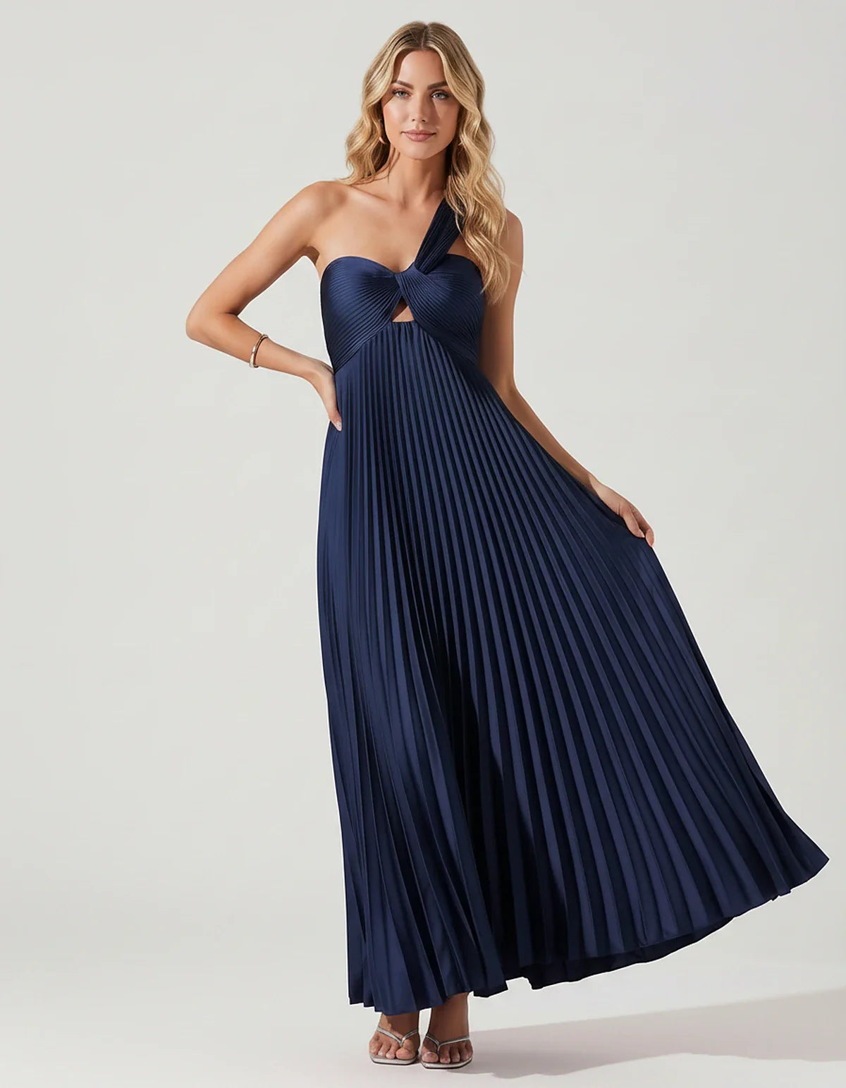 Satin Sleeveless One-Shoulder A-Line Maxi Dress for Party, Cocktail, Evening, Wedding Guest, Bridesmaid & Summer Events, fron | SKU: SMD-583920174618527-NAVY-L,SMD-583920174618527-NAVY-M,SMD-583920174618527-NAVY-S,SMD-583920174618527-NAVY-XL,SMD-583920174618527-NAVY-XS