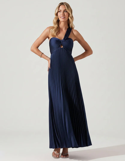 Satin Sleeveless One-Shoulder A-Line Maxi Dress for Party, Cocktail, Evening, Wedding Guest, Bridesmaid & Summer Events, fron | SKU: SMD-583920174618527-NAVY-L,SMD-583920174618527-NAVY-M,SMD-583920174618527-NAVY-S,SMD-583920174618527-NAVY-XL,SMD-583920174618527-NAVY-XS