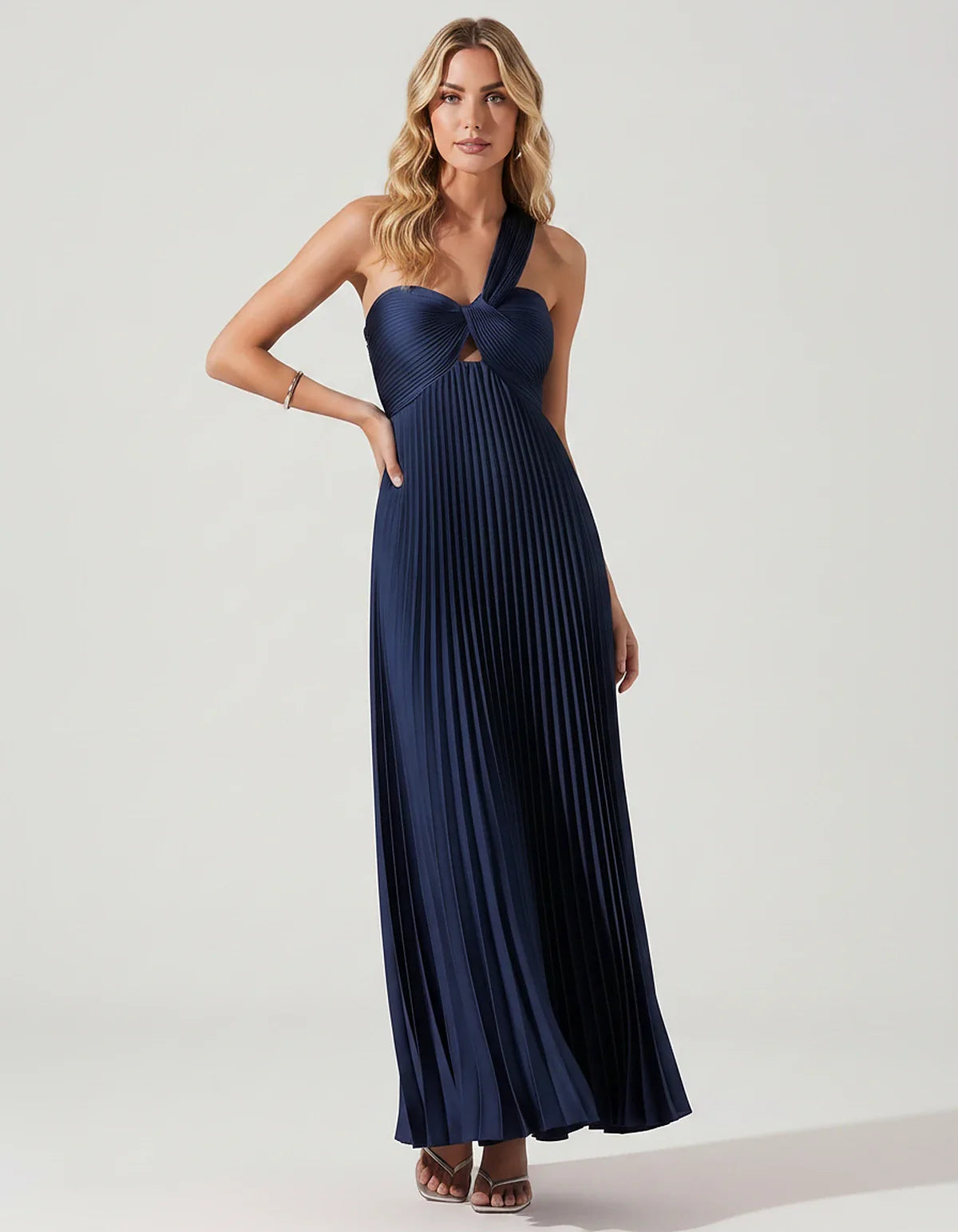 Satin Sleeveless One-Shoulder A-Line Maxi Dress for Party, Cocktail, Evening, Wedding Guest, Bridesmaid & Summer Events, fron | SKU: SMD-583920174618527-NAVY-L,SMD-583920174618527-NAVY-M,SMD-583920174618527-NAVY-S,SMD-583920174618527-NAVY-XL,SMD-583920174618527-NAVY-XS