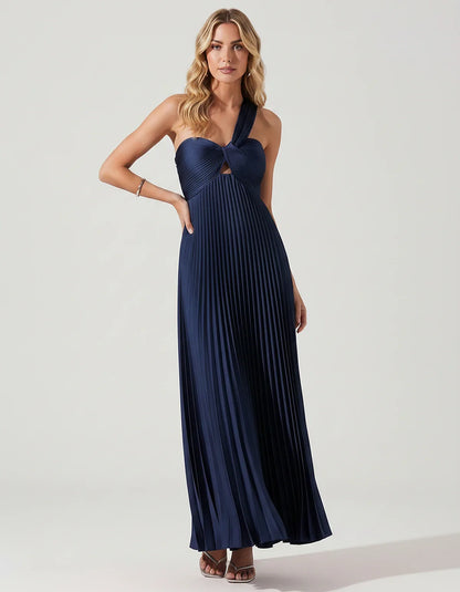 Satin Sleeveless One-Shoulder A-Line Maxi Dress for Party, Cocktail, Evening, Wedding Guest, Bridesmaid & Summer Events, fron | SKU: SMD-583920174618527-NAVY-L,SMD-583920174618527-NAVY-M,SMD-583920174618527-NAVY-S,SMD-583920174618527-NAVY-XL,SMD-583920174618527-NAVY-XS