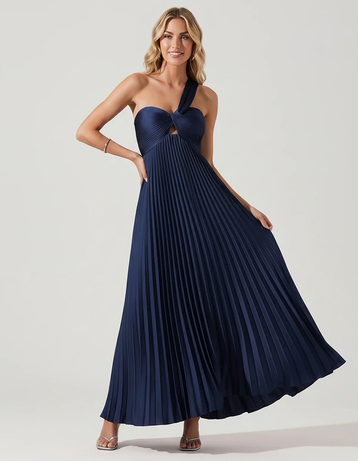 Satin Sleeveless One-Shoulder A-Line Maxi Dress for Party, Cocktail, Evening, Wedding Guest, Bridesmaid & Summer Events, fron | SKU: SMD-583920174618527-NAVY-L,SMD-583920174618527-NAVY-M,SMD-583920174618527-NAVY-S,SMD-583920174618527-NAVY-XL,SMD-583920174618527-NAVY-XS