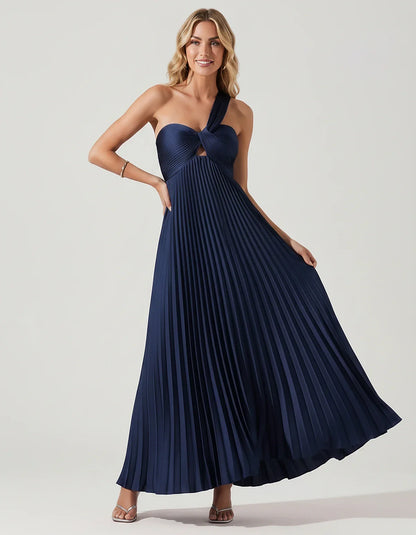 Satin Sleeveless One-Shoulder A-Line Maxi Dress for Party, Cocktail, Evening, Wedding Guest, Bridesmaid & Summer Events, fron | SKU: SMD-583920174618527-NAVY-L,SMD-583920174618527-NAVY-M,SMD-583920174618527-NAVY-S,SMD-583920174618527-NAVY-XL,SMD-583920174618527-NAVY-XS