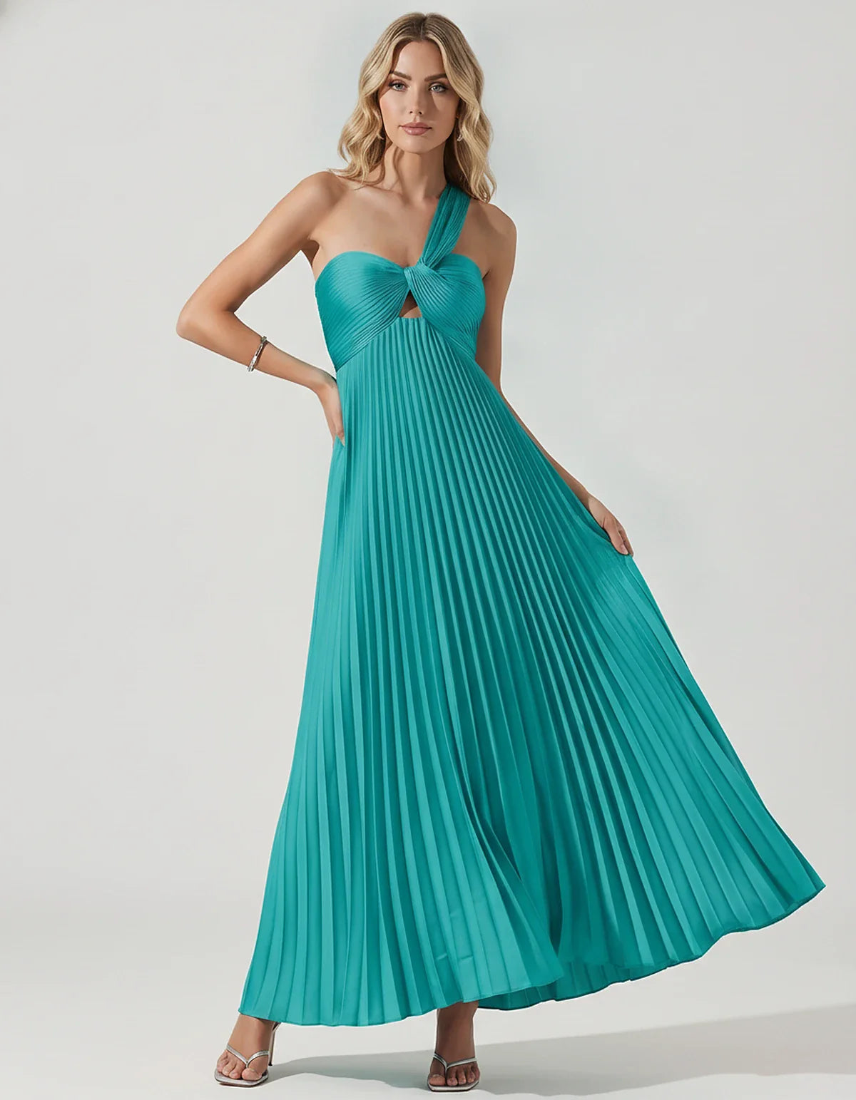 Satin Sleeveless One-Shoulder A-Line Maxi Dress for Party, Cocktail, Evening, Wedding Guest, Bridesmaid & Summer Events, fron | SKU: SMD-583920174618527-TURQUOISE-L,SMD-583920174618527-TURQUOISE-M,SMD-583920174618527-TURQUOISE-S,SMD-583920174618527-TURQUOISE-XL,SMD-583920174618527-TURQUOISE-XS