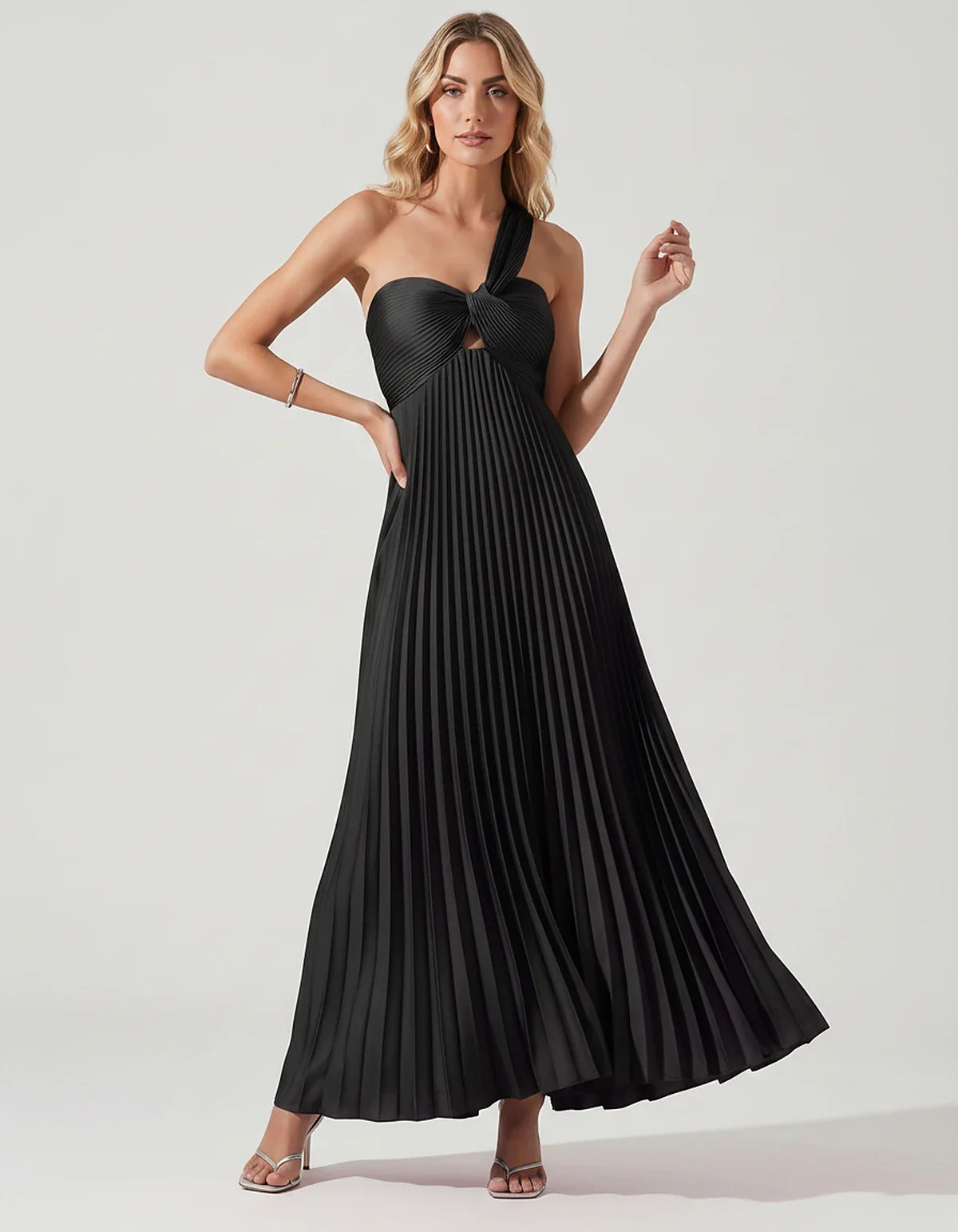 Satin Sleeveless One-Shoulder A-Line Maxi Dress for Party, Cocktail, Evening, Wedding Guest, Bridesmaid & Summer Events, fron | SKU: SMD-583920174618527-BLACK-L,SMD-583920174618527-BLACK-M,SMD-583920174618527-BLACK-S,SMD-583920174618527-BLACK-XL,SMD-583920174618527-BLACK-XS