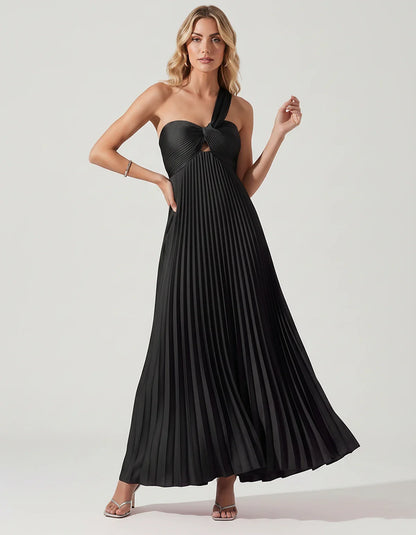 Satin Sleeveless One-Shoulder A-Line Maxi Dress for Party, Cocktail, Evening, Wedding Guest, Bridesmaid & Summer Events, fron | SKU: SMD-583920174618527-BLACK-L,SMD-583920174618527-BLACK-M,SMD-583920174618527-BLACK-S,SMD-583920174618527-BLACK-XL,SMD-583920174618527-BLACK-XS