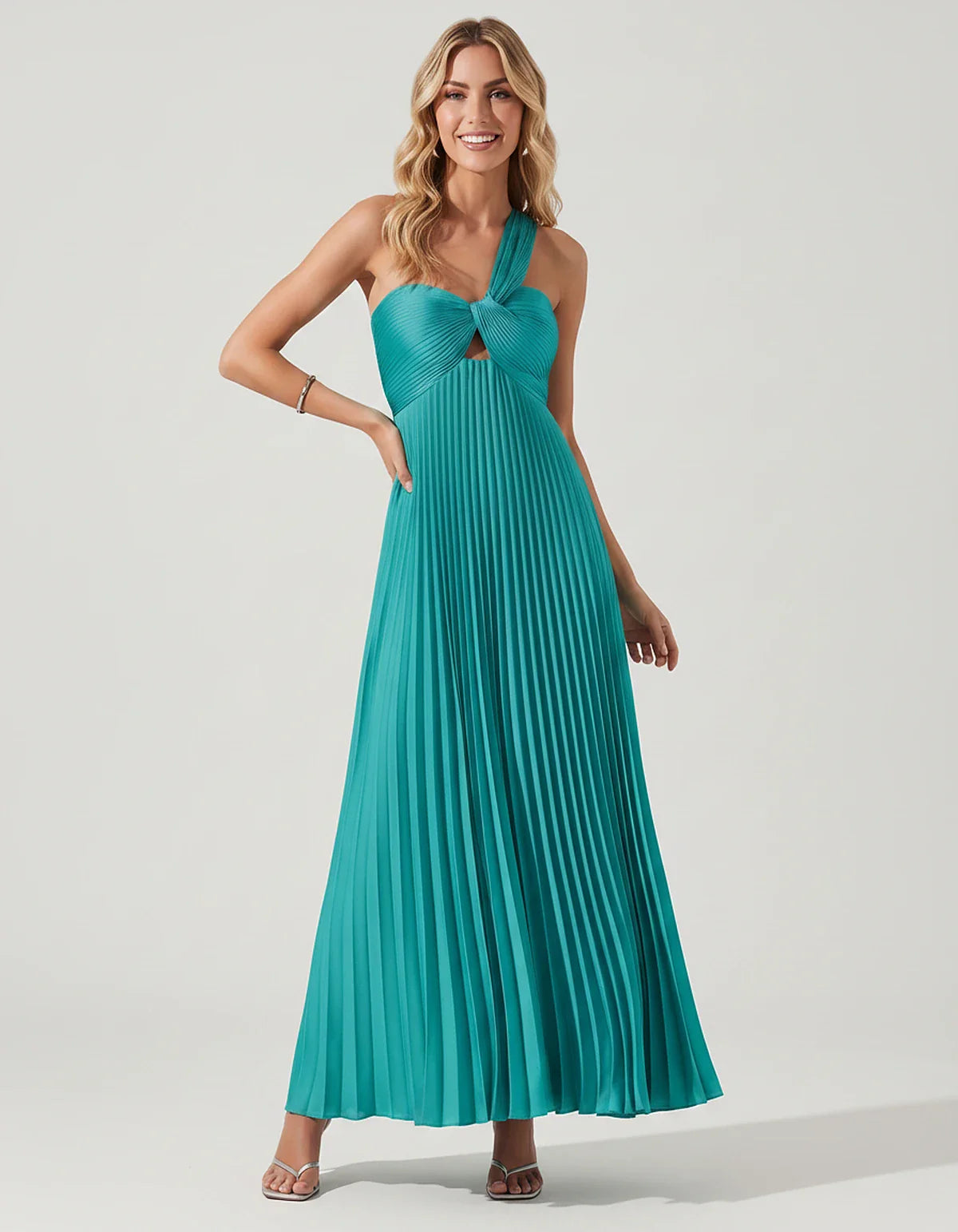 Satin Sleeveless One-Shoulder A-Line Maxi Dress for Party, Cocktail, Evening, Wedding Guest, Bridesmaid & Summer Events, fron | SKU: SMD-583920174618527-TURQUOISE-L,SMD-583920174618527-TURQUOISE-M,SMD-583920174618527-TURQUOISE-S,SMD-583920174618527-TURQUOISE-XL,SMD-583920174618527-TURQUOISE-XS
