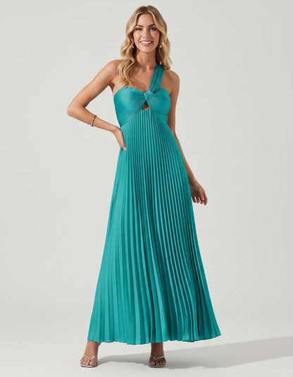 Satin Sleeveless One-Shoulder A-Line Maxi Dress for Party, Cocktail, Evening, Wedding Guest, Bridesmaid & Summer Events, fron | SKU: SMD-583920174618527-TURQUOISE-L,SMD-583920174618527-TURQUOISE-M,SMD-583920174618527-TURQUOISE-S,SMD-583920174618527-TURQUOISE-XL,SMD-583920174618527-TURQUOISE-XS