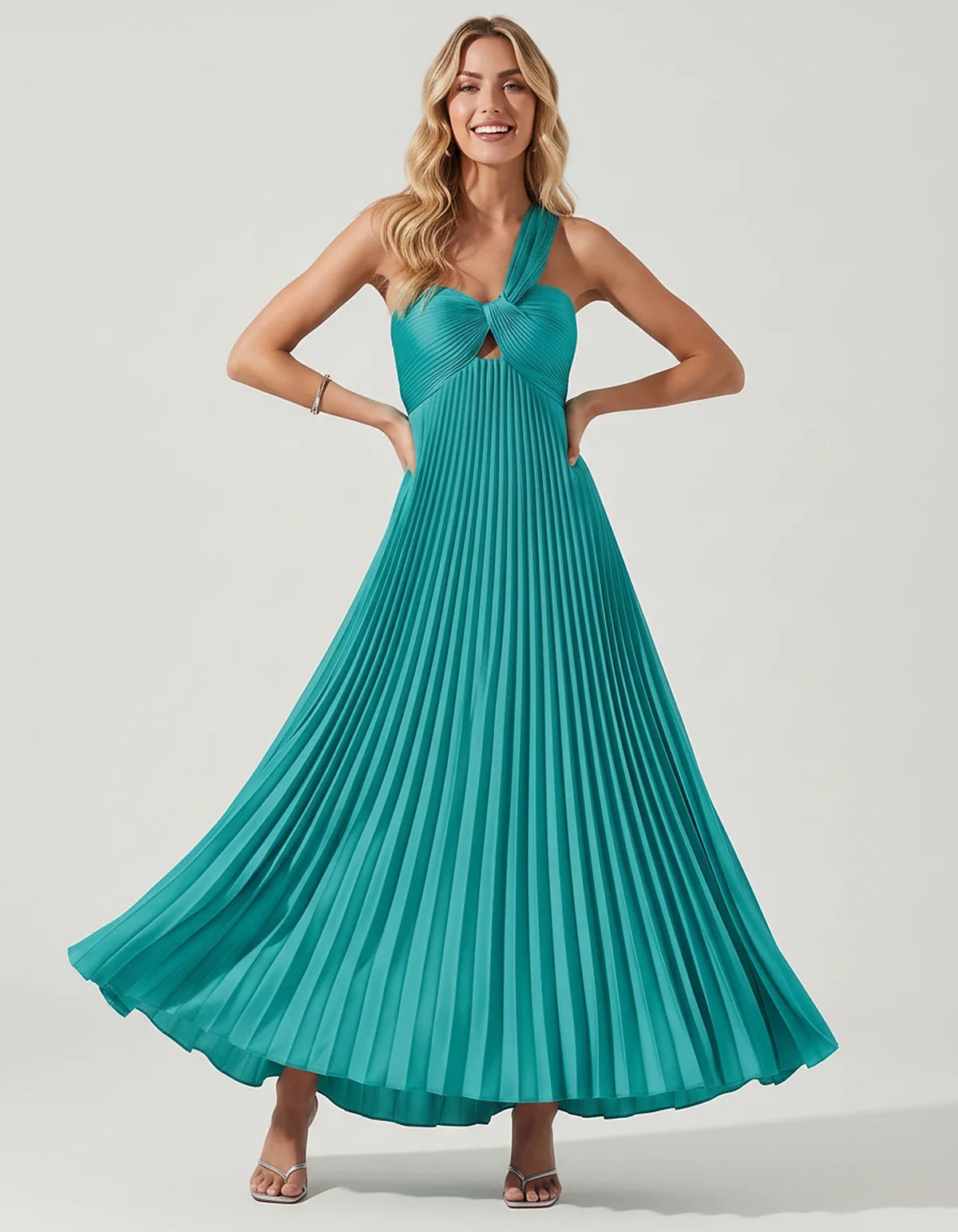 Satin Sleeveless One-Shoulder A-Line Maxi Dress for Party, Cocktail, Evening, Wedding Guest, Bridesmaid & Summer Events, fron | SKU: SMD-583920174618527-TURQUOISE-L,SMD-583920174618527-TURQUOISE-M,SMD-583920174618527-TURQUOISE-S,SMD-583920174618527-TURQUOISE-XL,SMD-583920174618527-TURQUOISE-XS