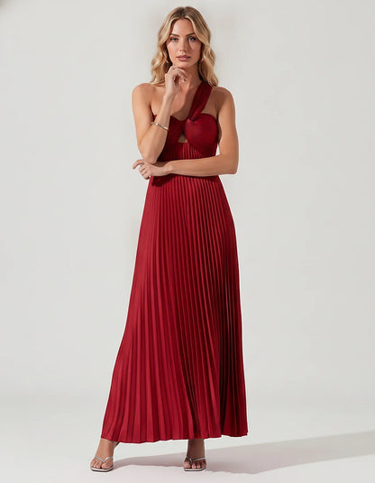 Satin Sleeveless One-Shoulder A-Line Maxi Dress for Party, Cocktail, Evening, Wedding Guest, Bridesmaid & Summer Events, fron | SKU: SMD-583920174618527-RED-L,SMD-583920174618527-RED-M,SMD-583920174618527-RED-S,SMD-583920174618527-RED-XL,SMD-583920174618527-RED-XS