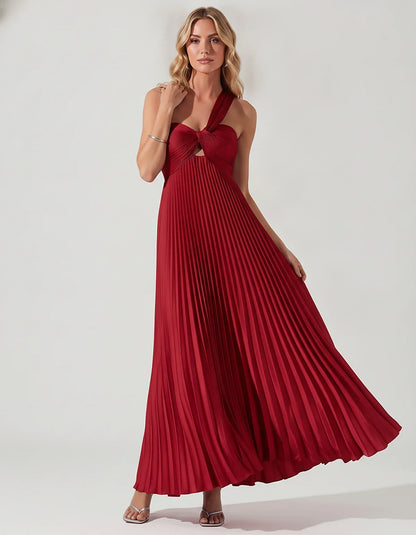 Satin Sleeveless One-Shoulder A-Line Maxi Dress for Party, Cocktail, Evening, Wedding Guest, Bridesmaid & Summer Events, fron | SKU: SMD-583920174618527-RED-L,SMD-583920174618527-RED-M,SMD-583920174618527-RED-S,SMD-583920174618527-RED-XL,SMD-583920174618527-RED-XS