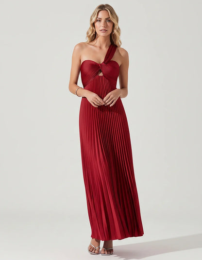 Satin Sleeveless One-Shoulder A-Line Maxi Dress for Party, Cocktail, Evening, Wedding Guest, Bridesmaid & Summer Events, fron | SKU: SMD-583920174618527-RED-L,SMD-583920174618527-RED-M,SMD-583920174618527-RED-S,SMD-583920174618527-RED-XL,SMD-583920174618527-RED-XS