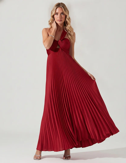 Satin Sleeveless One-Shoulder A-Line Maxi Dress for Party, Cocktail, Evening, Wedding Guest, Bridesmaid & Summer Events, fron | SKU: SMD-583920174618527-RED-L,SMD-583920174618527-RED-M,SMD-583920174618527-RED-S,SMD-583920174618527-RED-XL,SMD-583920174618527-RED-XS