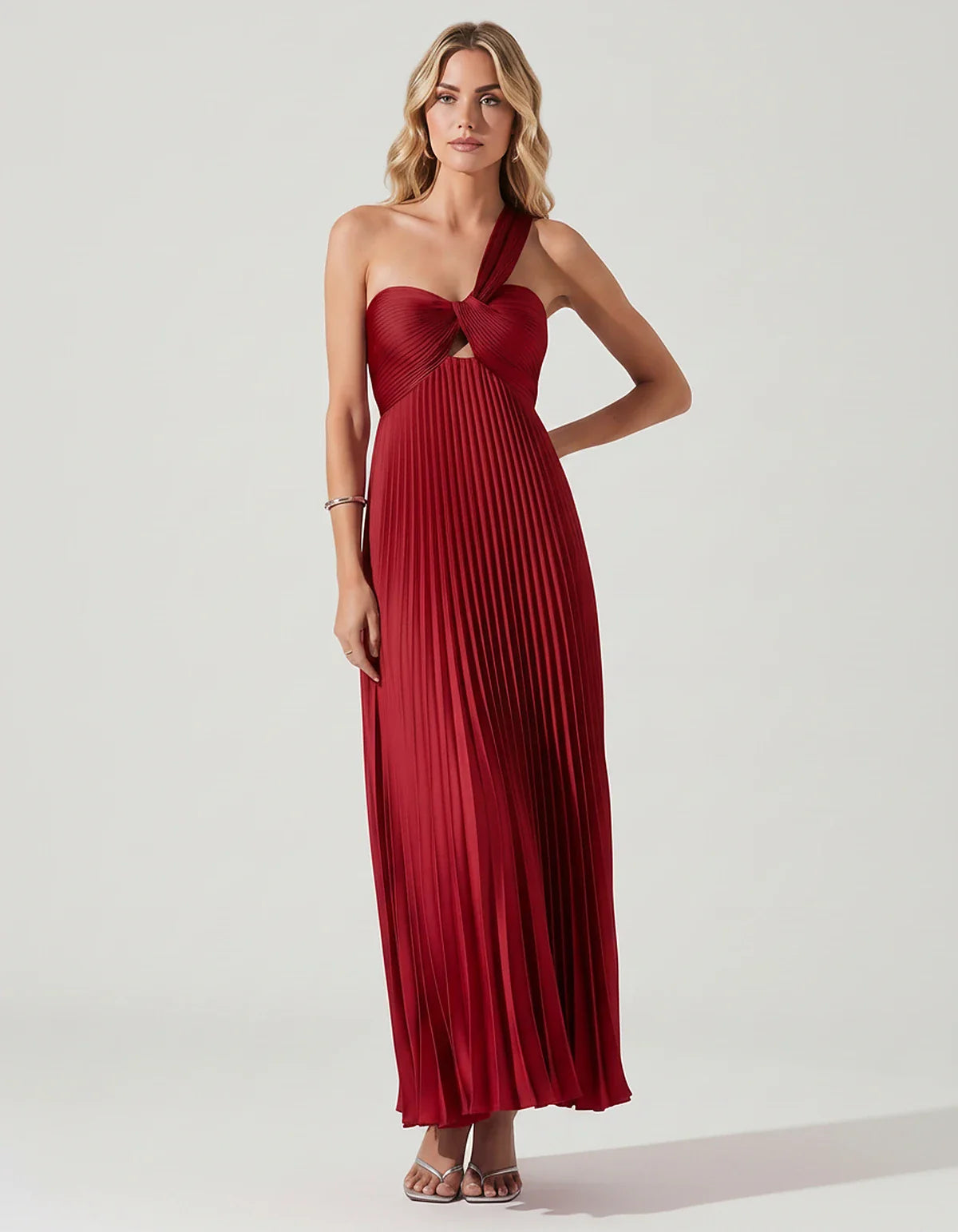 Satin Sleeveless One-Shoulder A-Line Maxi Dress for Party, Cocktail, Evening, Wedding Guest, Bridesmaid & Summer Events, fron | SKU: SMD-583920174618527-RED-L,SMD-583920174618527-RED-M,SMD-583920174618527-RED-S,SMD-583920174618527-RED-XL,SMD-583920174618527-RED-XS