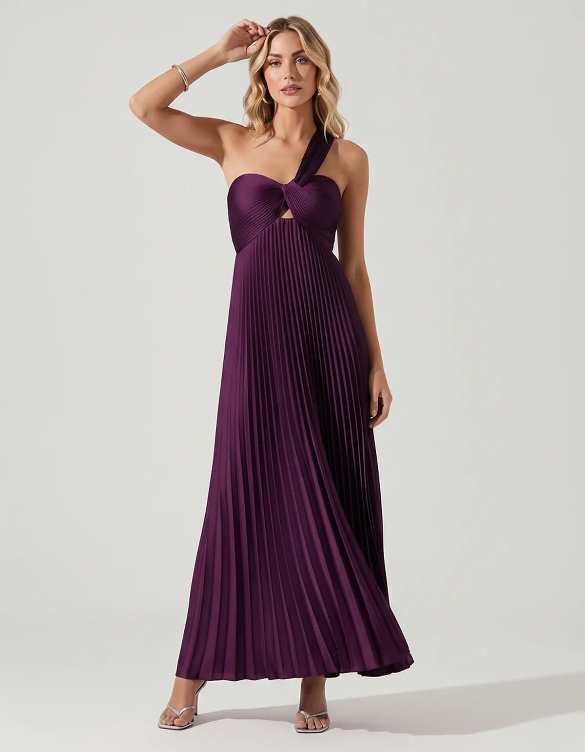 Satin Sleeveless One-Shoulder A-Line Maxi Dress for Party, Cocktail, Evening, Wedding Guest, Bridesmaid & Summer Events, fron | SKU: SMD-583920174618527-PLUM-L,SMD-583920174618527-PLUM-M,SMD-583920174618527-PLUM-S,SMD-583920174618527-PLUM-XL,SMD-583920174618527-PLUM-XS